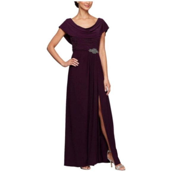 Alex Evenings A-Line Matte Jersey Dress with Pleated Bodice Detail Eggplant - Picture 1 of 8
